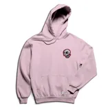 Canguro rosa de algodón con capucha y bolsillo delantero. Presenta un parche bordado de una calavera en el pecho.