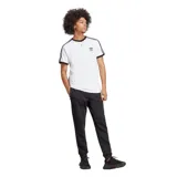 Remera Adidas de hombre, color blanco con cuello y mangas con borde azul marino. Presenta las tres rayas características de la marca en azul marino sobre los hombros y el logo bordado en el pecho.
