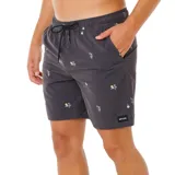Short de baño negro con estampado de palmeras y cócteles en colores celeste, amarillo y blanco.