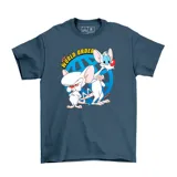 Remera azul con estampado de Pinky y Cerebro y la frase "New World Order".