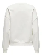 Sudadera blanca de cuello redondo y mangas largas con hombros caídos. Estampado frontal con la palabra "Angel" en color azul.