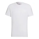 Remera deportiva Adidas Own the Run Tee, color blanco con tres tiras plateadas en las mangas y logo plateado en el pecho.