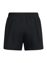 Short deportivo Under Armour Fly By 2 in 1 para mujer, color verde agua con detalles en blanco. Cuenta con cintura elástica, calza interior incorporada y bolsillo lateral con cierre.