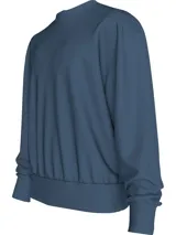 Buzo azul de poliéster con cuello redondo, puños y dobladillo acanalados, corte relaxed y cinta decorativa con el logo de la marca en los laterales.