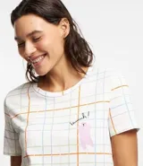 Camisón corto de algodón con estampado a cuadros, cuello redondo, mangas cortas y estampa de oso en el pecho.