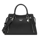 Cartera Guess modelo Wrenley color negro, con doble asa de mano y correa bandolera ajustable y extraíble. Tiene cierre superior, dos bolsillos frontales con cierre y logo Guess plateado.
