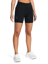Short deportivo negro de tiro alto, con calza interna y logo de Under Armour en la pierna izquierda.