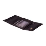 Billetera Caterpillar unisex de poliéster azul con patrón geométrico, ribete negro y logo de la marca en gris. Cuenta con capacidad para 4 tarjetas, compartimento para billetes y protección RFID.