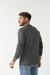 Remera gris de manga larga con cuello redondo y logo bordado en el pecho.