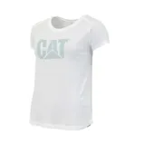 Remera blanca de mujer con logo de Caterpillar estampado en el pecho.