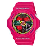 Reloj Casio G-Shock GA310 con caja y correa de resina color rosa. Esfera redonda interior multicolor, con indicadores de hora grises y blancos, y manecillas bicolores amarillo-rojo.