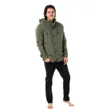 Campera verde con capucha, cierre con botones, cuatro bolsillos frontales y logo en la manga.