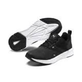 Zapatillas de running en color negro, diseño ligero con suela blanca y logo de Puma.