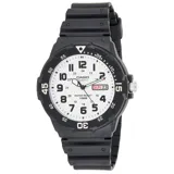 Reloj Casio MRW200H-7BV unisex, con caja de resina negra y esfera blanca con números arábigos negros. Cuenta con calendario con día de la semana y fecha, bisel giratorio y resistencia al agua de 100 metros.