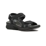 Sandalia negra con plataforma, tiras con ajuste de velcro y pulsera al tobillo.