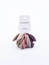 Pack de 18 gomitas de pelo elásticas de distintos colores: beige, marrón, rosa, lila y violeta.