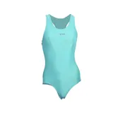 Malla enteriza de natación color celeste con logo de Fila estampado en el pecho.