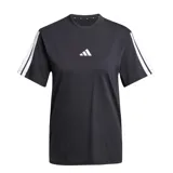 Remera deportiva Adidas color negro con logo blanco en el pecho y tres tiras blancas en las mangas.