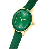 Reloj Swarovski Octea Nova con caja facetada dorada, esfera verde con marcadores de cristal y correa de cuero verde con textura.