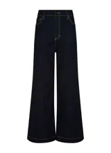 Pantalón de jean de tiro alto, color azul oscuro, con corte flare y costuras en color ocre.