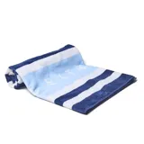 Toalla de playa a rayas horizontales en tonos celeste, azul y blanco.