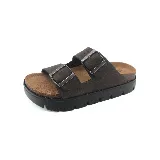 Sandalias Panama Jack de cuero marrón con doble tira con hebilla metálica ajustable y plataforma de goma negra.