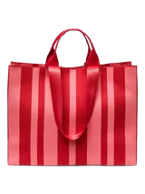 Bolso tipo tote de tela color crema con rayas verticales rojas. Tiene doble asa de hombro y correa larga para usar cruzado.