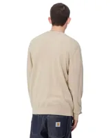 Sweater negro de punto con cuello redondo y logo pequeño bordado en el pecho.