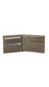 Billetera de cuero marrón con doble tarjetero interior y repartición para billetes.