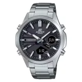 Reloj Casio Edifice plateado con esfera negra, analógico-digital, con correa de acero inoxidable y funciones de hora mundial, cronómetro, temporizador, alarma y calendario. Resistente al agua hasta 100 metros.
