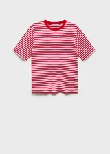Camiseta a rayas horizontales azul marino y blancas, de manga corta y cuello redondo.