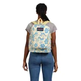 Mochila Jansport Superbreak de 26 litros con estampado floral en tonos celeste, azul y amarillo.