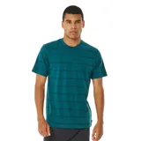 Remera verde con rayas horizontales negras, de corte clásico y manga corta.
