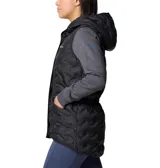 Chaleco negro con capucha, marca Columbia, modelo Delta Ridge II. Cuenta con forro termorreflectivo Omni-Heat™, tecnología HeatSeal™ y tejido resistente al agua Omni-Shield™.