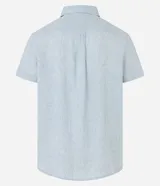 Camisa de corte regular confeccionada en mezcla de lino y algodón, con cuello inglés, manga corta y cierre frontal abotonado. Diseño liso en color beige de la marca Marfinno.