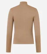 Campera deportiva color beige, de corte ajustado, confeccionada en tejido de poliamida seamless con textura acanalada y cuello alto. Posee cierre delantero por cremallera y mangas largas.