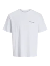 Camiseta blanca de manga corta y cuello redondo con calce holgado. Estampa pequeña en el pecho y estampa grande en la espalda con print de goma de tacto suave.