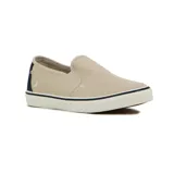 Championes tipo slip-on para hombre, marca Blue Sea modelo Botavara, en color beige. Confeccionados en tela con suela de goma blanca y detalle de línea azul marino. Incluye elásticos laterales para facilitar el calce y logo de la marca bordado.