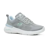 Championes Skechers Skech-Air Dynamight 2.0, color gris con detalles en celeste y verde agua. Capellada de malla con superposiciones sintéticas, plantilla Memory Foam y entresuela Skech-Air con cámara de aire visible.