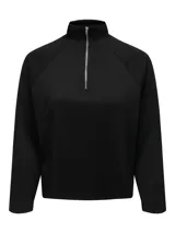 Sudadera negra de corte regular con cuello alto y cierre de cremallera.
