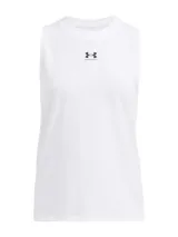 Musculosa deportiva Under Armour modelo Rival Muscle Tank, color blanco, con cuello redondo y sisas amplias. Presenta el logo de Under Armour en negro en el pecho.
