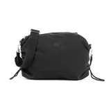 Cartera bandolera negra de poliéster con correa regulable, cierre superior y logo de la marca en el frente.