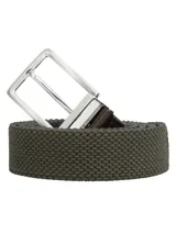 Cinturón elástico trenzado color verde militar con detalles en azul marino y terminaciones en cuero marrón. Hebilla plateada de metal.