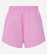 Short deportivo femenino modelo runner, color marrón chocolate con cintura elástica y rayas laterales color crema.