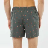 Short de baño gris con estampado de palmeras color naranja, cintura elástica con cordón ajustable blanco y negro.