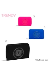 Billetera azul con cierre y estampado circular con la palabra "TRENDY" en el frente.