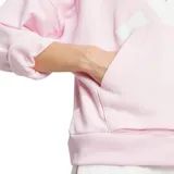 Buzo con capucha de color rosa claro, corte holgado y puños y ruedo acanalados. Presenta un gran logo de Adidas en color blanco estampado en el frente.