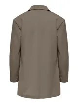 Blazer largo de punto elástico color marrón topo, con cuello de solapas y corte regular.