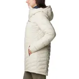 Campera Columbia Joy Peak II Mid para mujer, color negro, con capucha y largo hasta la mitad del muslo. Cuenta con forro termorreflectivo Omni-Heat™ Infinity, tecnología Omni-Shield™ que repele la humedad y aislamiento Thermarator™ de poliéster reciclado.