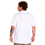 Remera tipo polo blanca de manga corta, con logo CAT bordado en amarillo en la manga izquierda.